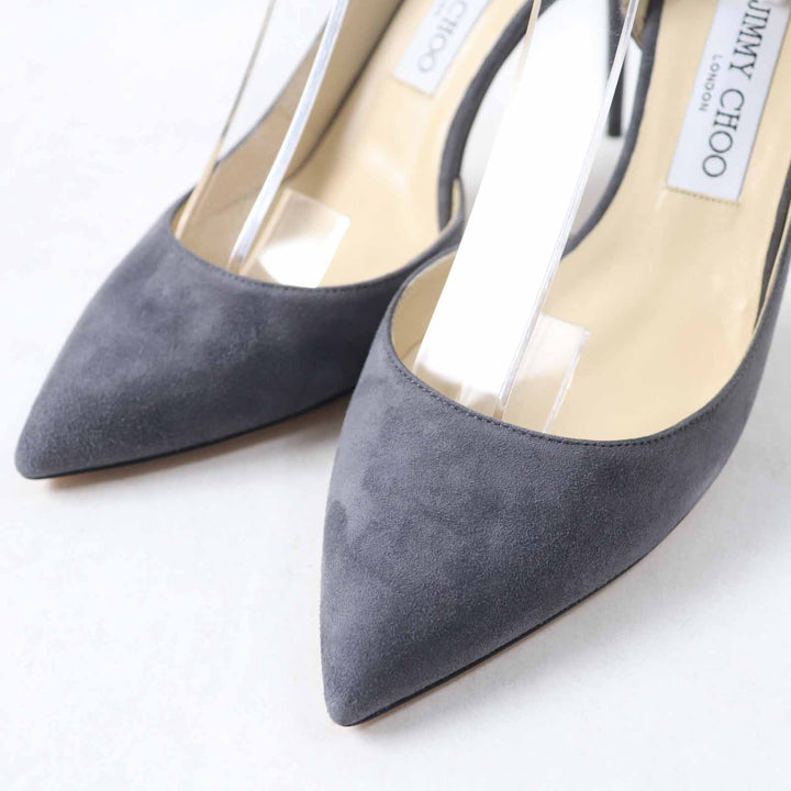 未使用品◎JIMMY CHOO ジミーチュウ LUCY85 アンクルストラップ付 ポインテッドトゥ スウェードレザー パンプス ダークグレー 38.5 箱・袋