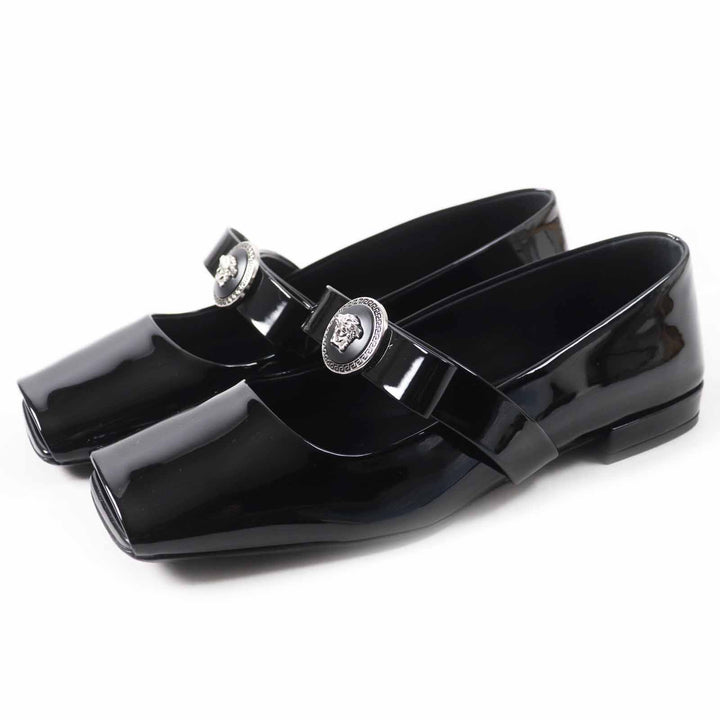 未使用品◎VERSACE ヴェルサーチ 24-25AW ジャンボ リボン バレリーナ オープントゥ パテントレザー パンプス ブラック 38 定価133100円