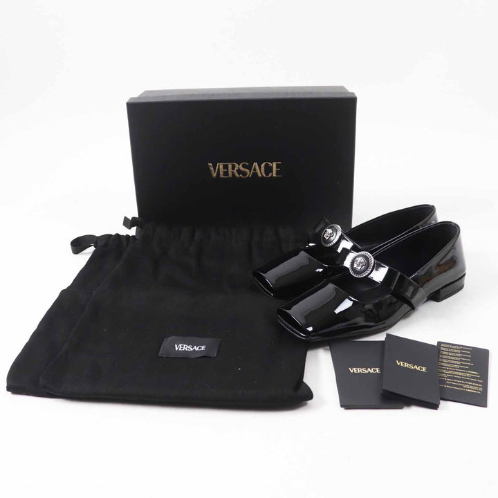 未使用品◎VERSACE ヴェルサーチ 24-25AW ジャンボ リボン バレリーナ オープントゥ パテントレザー パンプス ブラック 38 定価133100円