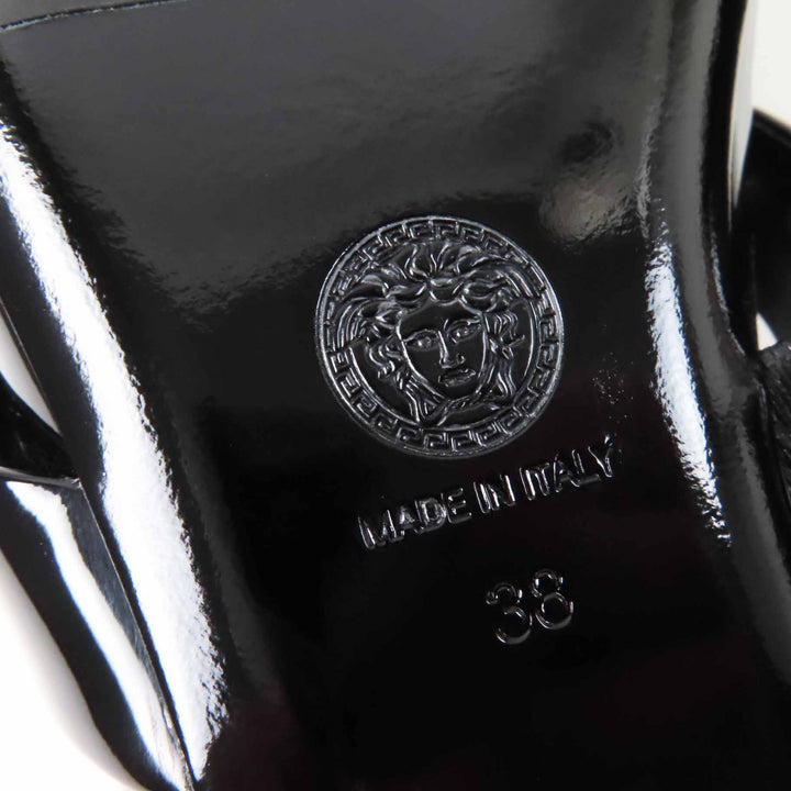 未使用品◎VERSACE ヴェルサーチ 24-25AW ジャンボ リボン バレリーナ オープントゥ パテントレザー パンプス ブラック 38 定価133100円