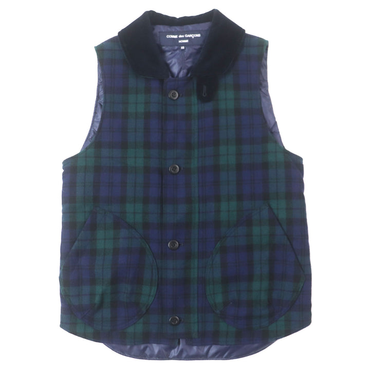 美品▼COMME des GARCONS HOMME コムデギャルソンオム チェック柄 襟コーデュロイ 中綿入り ベスト グリーン ネイビー XS 正規品 メンズ