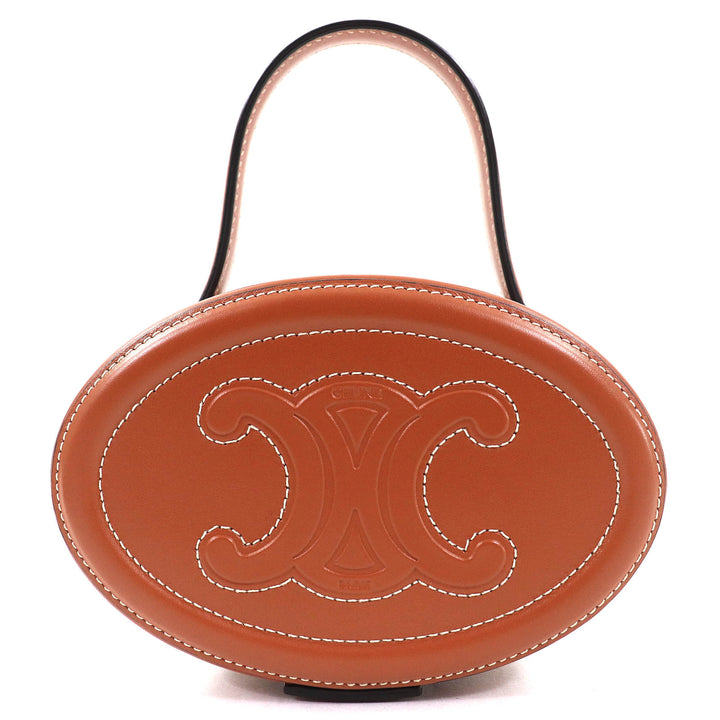 極美品△CELINE セリーヌ 198613 オーバル ミノディエール キュイル トリオンフ スムースカーフスキン レザー ハンドバッグ タン 伊製