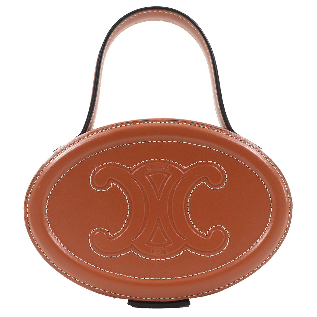 極美品△CELINE セリーヌ 198613 オーバル ミノディエール キュイル トリオンフ スムースカーフスキン レザー ハンドバッグ タン 伊製