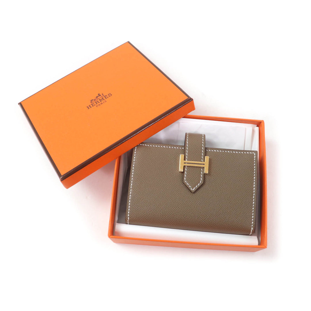 未使用品★HERMES エルメス ベアン ミニ エトゥープ ゴールド金具 ミニウォレット コインケース付 ヴォーマダム カードケース W刻印 箱付