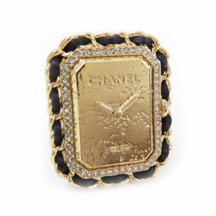 未使用品◎CHANEL シャネル B23A プルミエール時計デザイン ココマーク ラインストーン装飾 リング・指輪 ブラック ゴールド 12号 箱付き