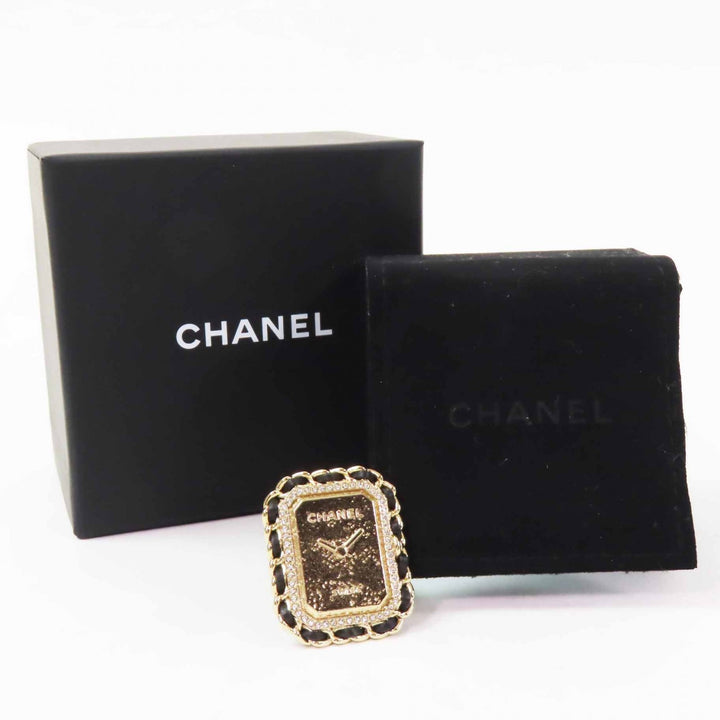 未使用品◎CHANEL シャネル B23A プルミエール時計デザイン ココマーク ラインストーン装飾 リング・指輪 ブラック ゴールド 12号 箱付き