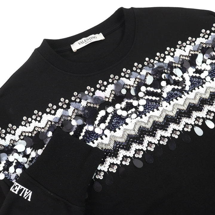 極美品△VALENTINO ヴァレンティノ コットン100％ ロゴ刺繍 ビーズ装飾 クルーネック 長袖 トレーナー スウェット ブラック XS 正規品