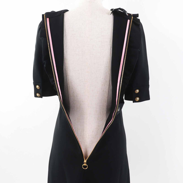 美品◎GUCCI グッチ 445275 GGパールボタン付き フリルデザイン リボン 半袖 ワンピース ブラック XS イタリア製 正規品 レディース