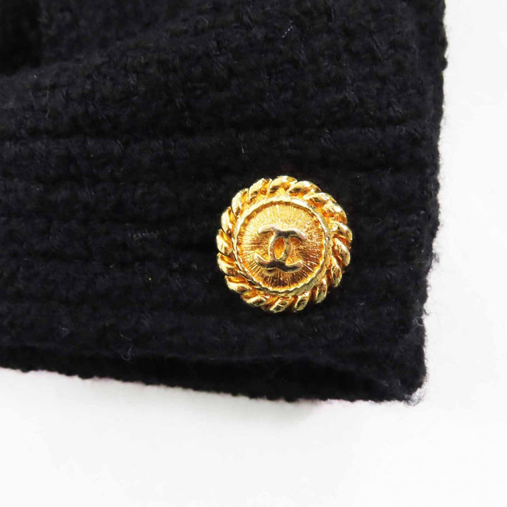 美品◎CHANEL シャネル ヴィンテージ ウール 裏シルク ココマーク金ボタン ノーカラー 単色 ツイードジャケット ブラック ゴールド 40