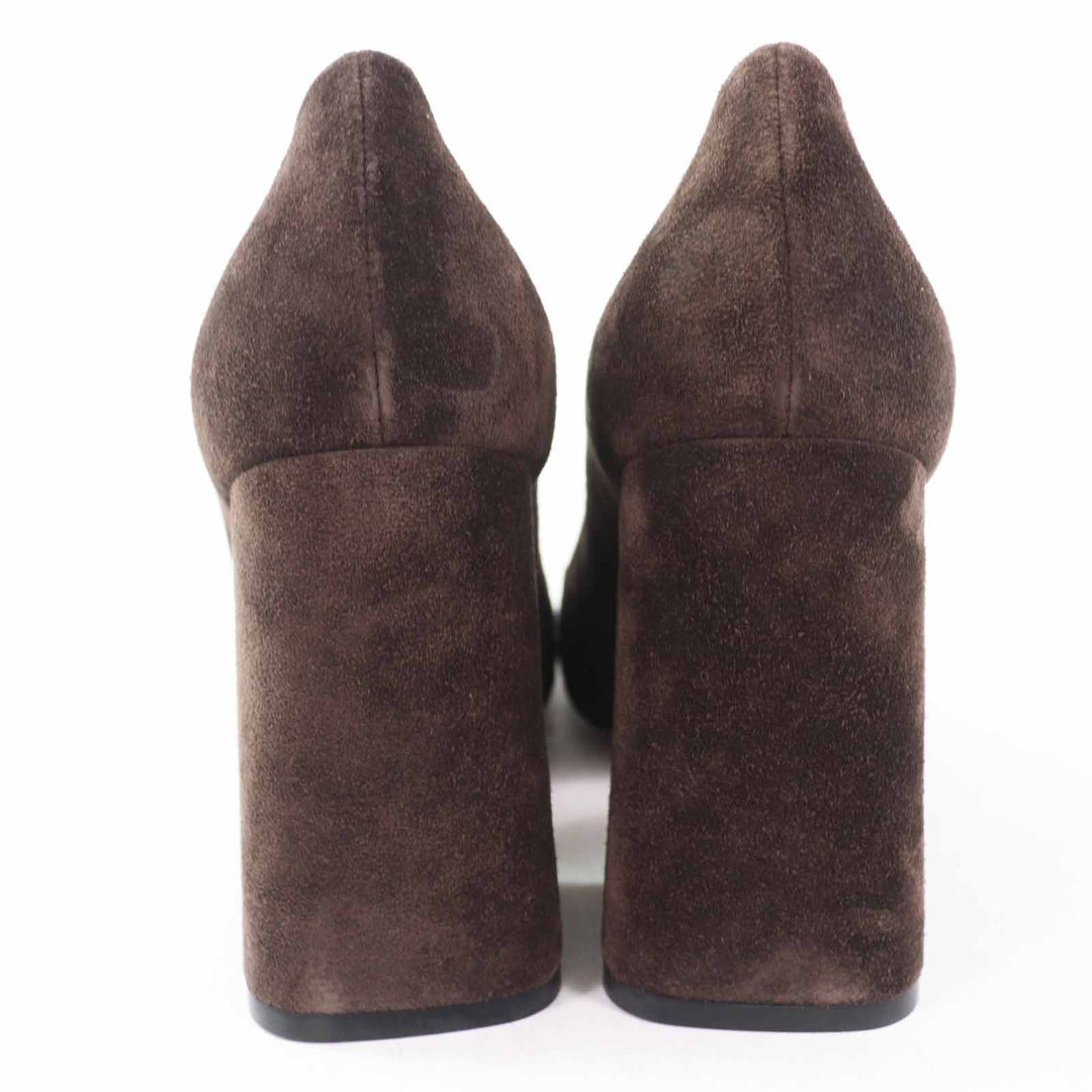 未使用品◎BOTTEGAVENETA ボッテガヴェネタ 692088 TOWER スウェードレザー チャンキーヒール スクエアトゥパンプス 茶 38 箱・保存袋付