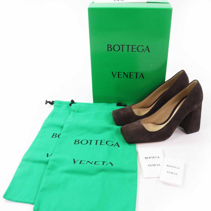 未使用品◎BOTTEGAVENETA ボッテガヴェネタ 692088 TOWER スウェードレザー チャンキーヒール スクエアトゥパンプス 茶 38 箱・保存袋付