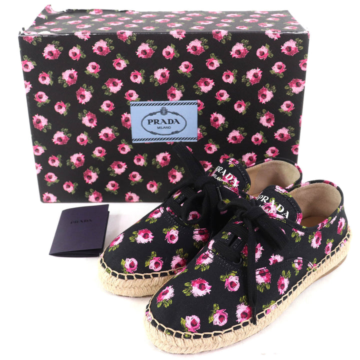 未使用品△PRADA プラダ 1E988L GABARDINE ギャバジン キャンバス 花柄 エスパドリーユ レースアップ スニーカー ブラック ピンク系 36.5