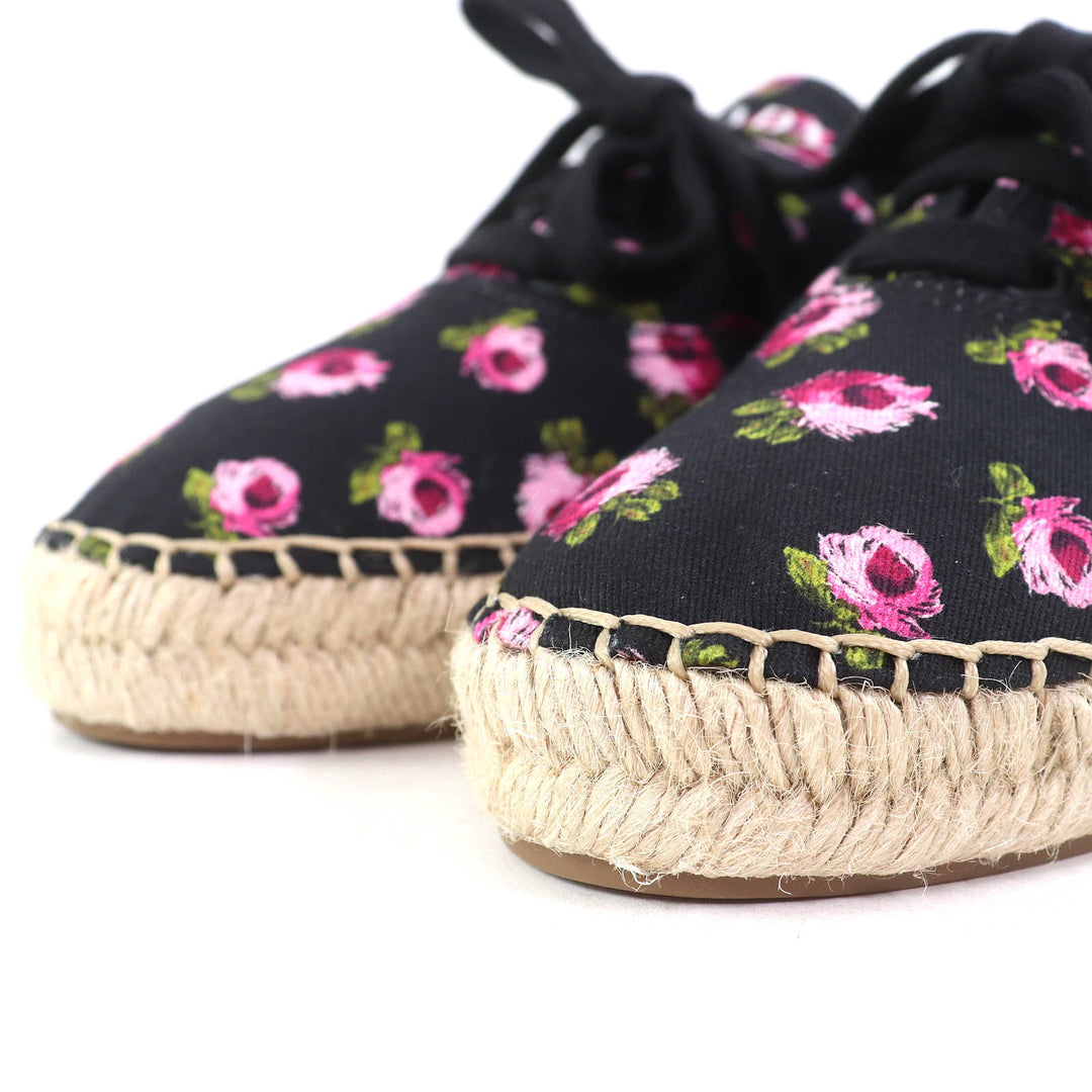 未使用品△PRADA プラダ 1E988L GABARDINE ギャバジン キャンバス 花柄 エスパドリーユ レースアップ スニーカー ブラック ピンク系 36.5