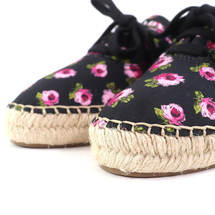 未使用品△PRADA プラダ 1E988L GABARDINE ギャバジン キャンバス 花柄 エスパドリーユ レースアップ スニーカー ブラック ピンク系 36.5
