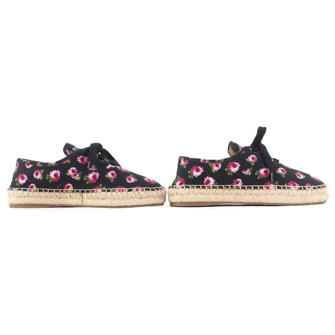 未使用品△PRADA プラダ 1E988L GABARDINE ギャバジン キャンバス 花柄 エスパドリーユ レースアップ スニーカー ブラック ピンク系 36.5