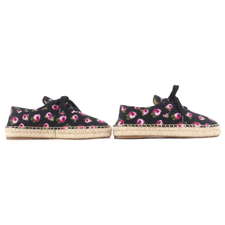 未使用品△PRADA プラダ 1E988L GABARDINE ギャバジン キャンバス 花柄 エスパドリーユ レースアップ スニーカー ブラック ピンク系 36.5