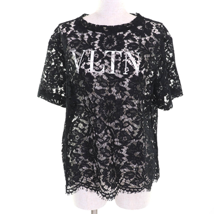 極美品★VALENTINO ヴァレンティノ 2020年製 VB3MG10K649 VLTNロゴ 総レース 半袖 トップス ブラック S イタリア製 正規品 レディース
