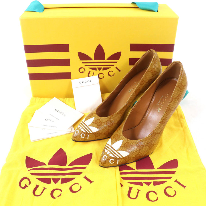 未使用品△GUCCI×adidas グッチ×アディダス 712221 トレフォイル ロゴ ポインテッドトゥ GG クリスタル パンプス キャメル系 35 袋付き
