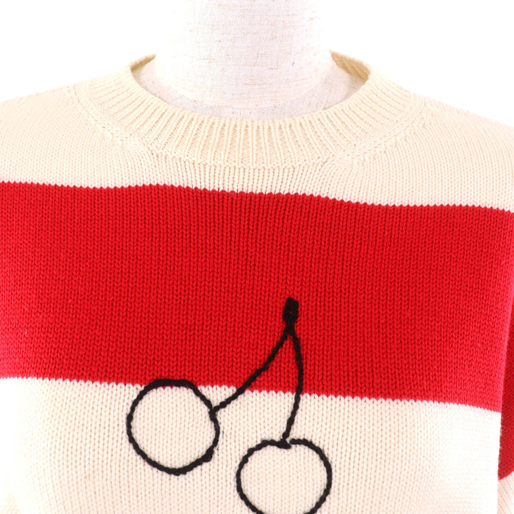 美品★Miu Miu ミュウ ミュウ MML304 ウール100% チェリー刺繍 ボーダー クロップド 長袖 ニット セーター レッド アイボリー 38 正規品