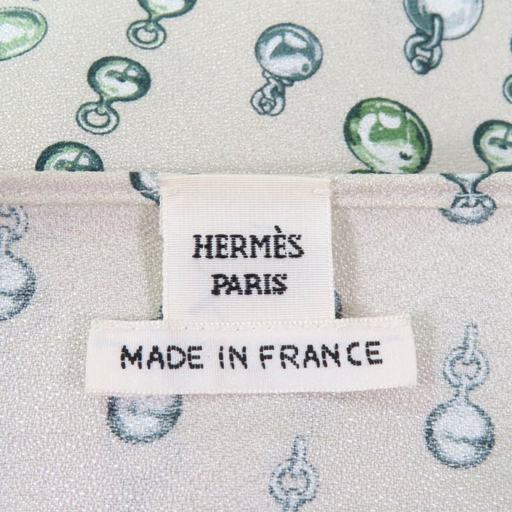 極美品★HERMES エルメス 22AW 2H0619DN シルク100% バックリボン 総柄 長袖 カットソー トップス ベージュ グリーン 38 仏製 正規品