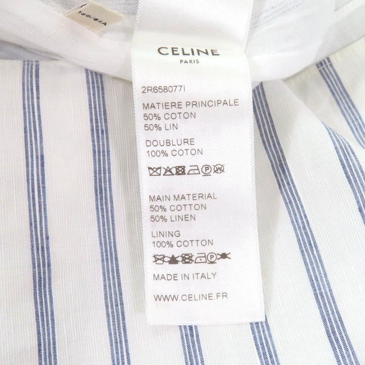 極美品★CELINE セリーヌ 2R658077I リネン混 ミニ プレーリー ストライプ フリルドレス シャツワンピース ホワイト ブルー 38 伊製