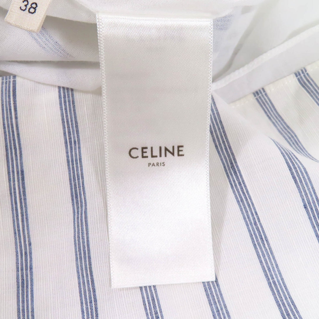 極美品★CELINE セリーヌ 2R658077I リネン混 ミニ プレーリー ストライプ フリルドレス シャツワンピース ホワイト ブルー 38 伊製