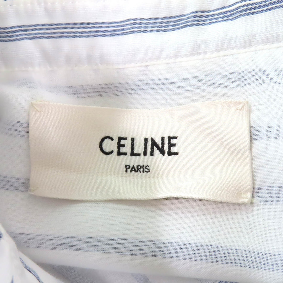 極美品★CELINE セリーヌ 2R658077I リネン混 ミニ プレーリー ストライプ フリルドレス シャツワンピース ホワイト ブルー 38 伊製