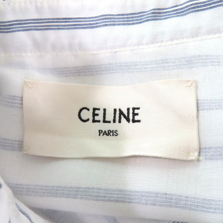 極美品★CELINE セリーヌ 2R658077I リネン混 ミニ プレーリー ストライプ フリルドレス シャツワンピース ホワイト ブルー 38 伊製