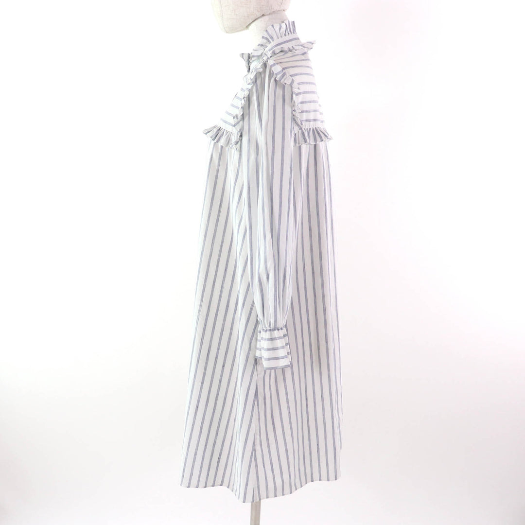 極美品★CELINE セリーヌ 2R658077I リネン混 ミニ プレーリー ストライプ フリルドレス シャツワンピース ホワイト ブルー 38 伊製