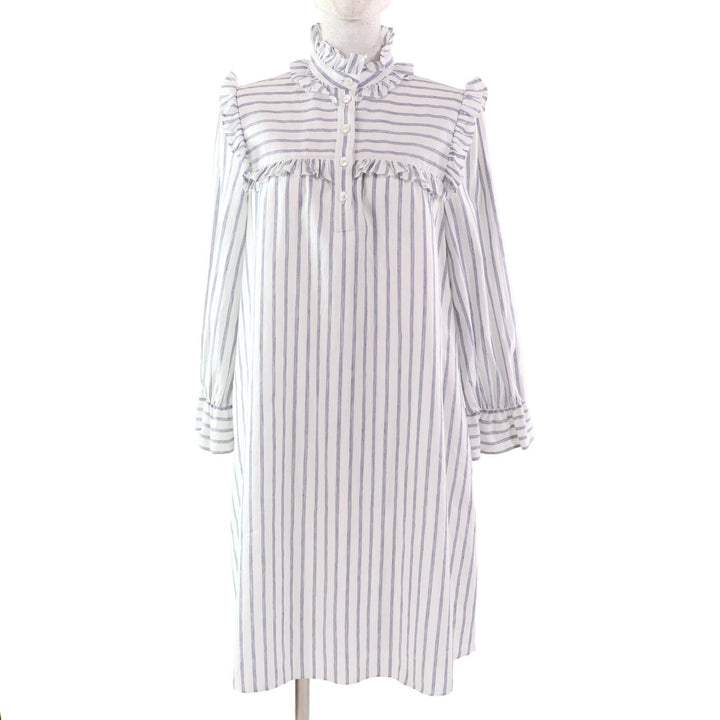 極美品★CELINE セリーヌ 2R658077I リネン混 ミニ プレーリー ストライプ フリルドレス シャツワンピース ホワイト ブルー 38 伊製