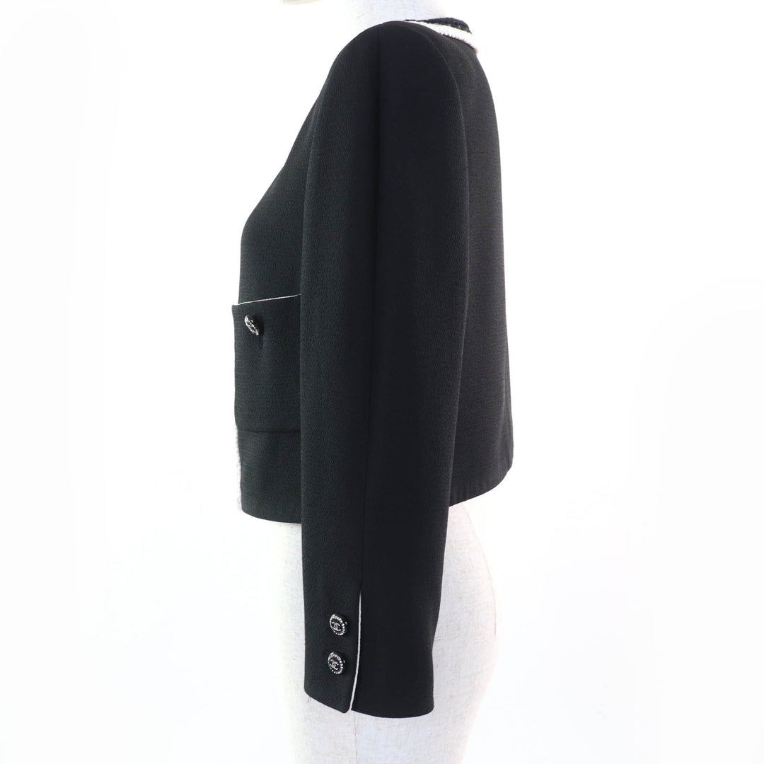 極美品☆CHANEL シャネル 22C P71865V63363 シルク100％ ラインストーン ココマークボタン ノーカラージャケット ブラック 36 正規品