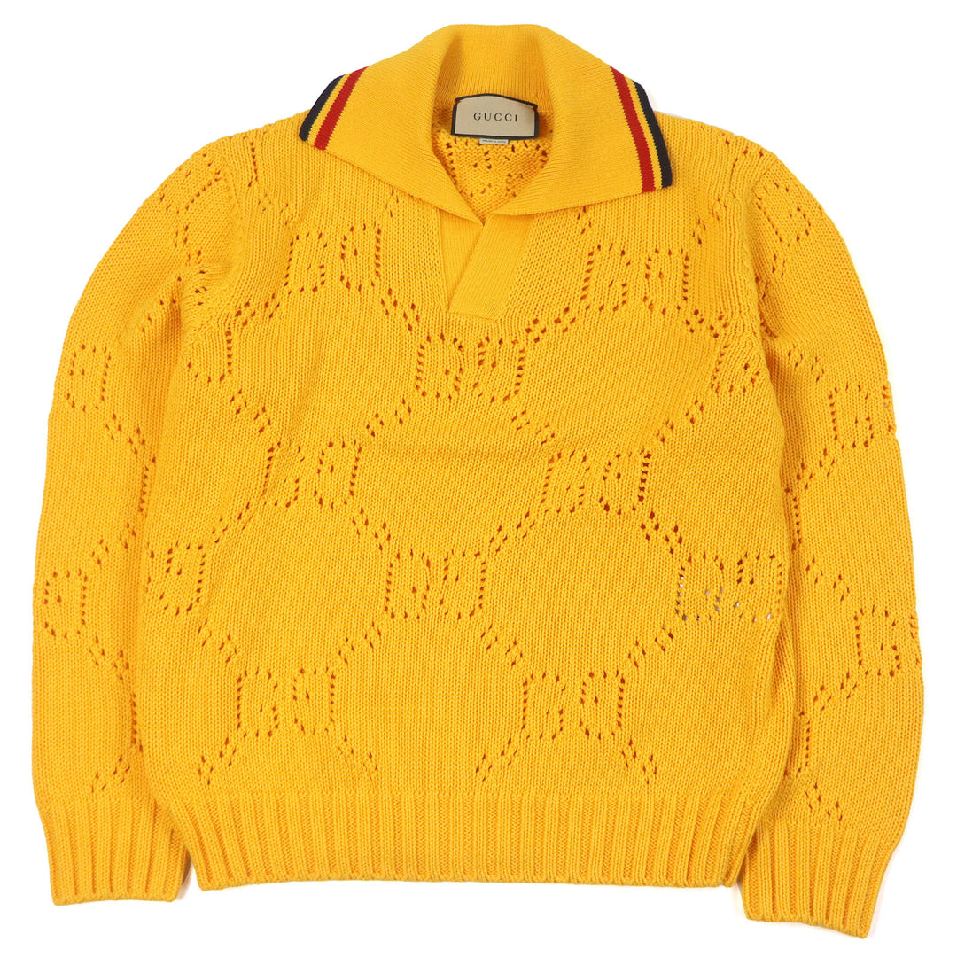 極美品□GUCCI グッチ 737654 コットン100％ パフォレーテッドGG ウェブライン セーター ニット イエロー S イタリア製 正規品 メンズ