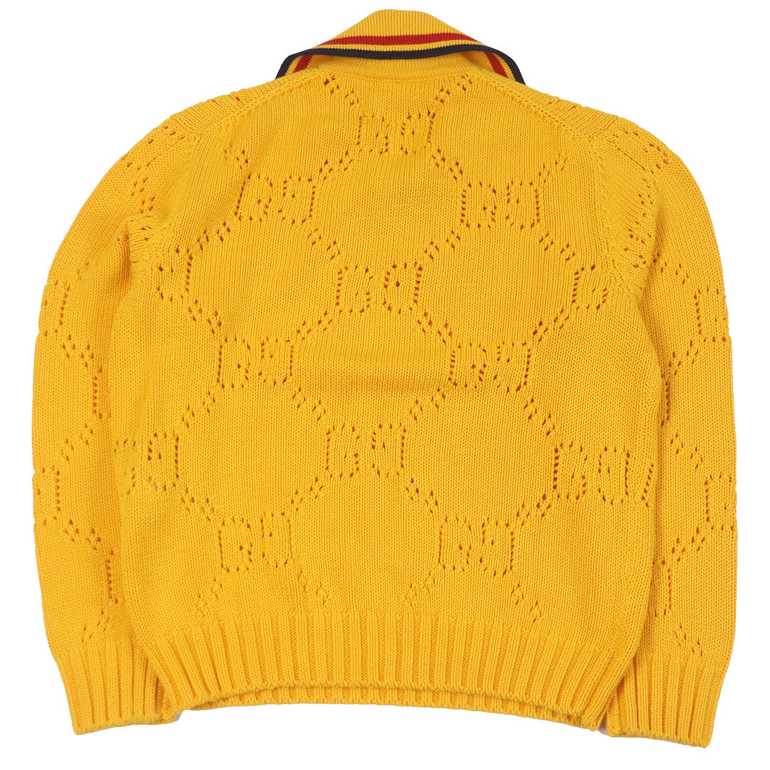 極美品□GUCCI グッチ 737654 コットン100％ パフォレーテッドGG ウェブライン セーター ニット イエロー S イタリア製 正規品 メンズ