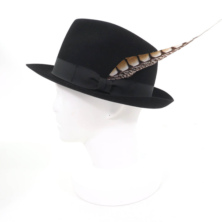 極美品☆ラルフローレンパープルレーベル FEDORA WITH SIBGLE FEATHER PHILIP TREACY ウール100％ ハット ブラック F イギリス製 正規品