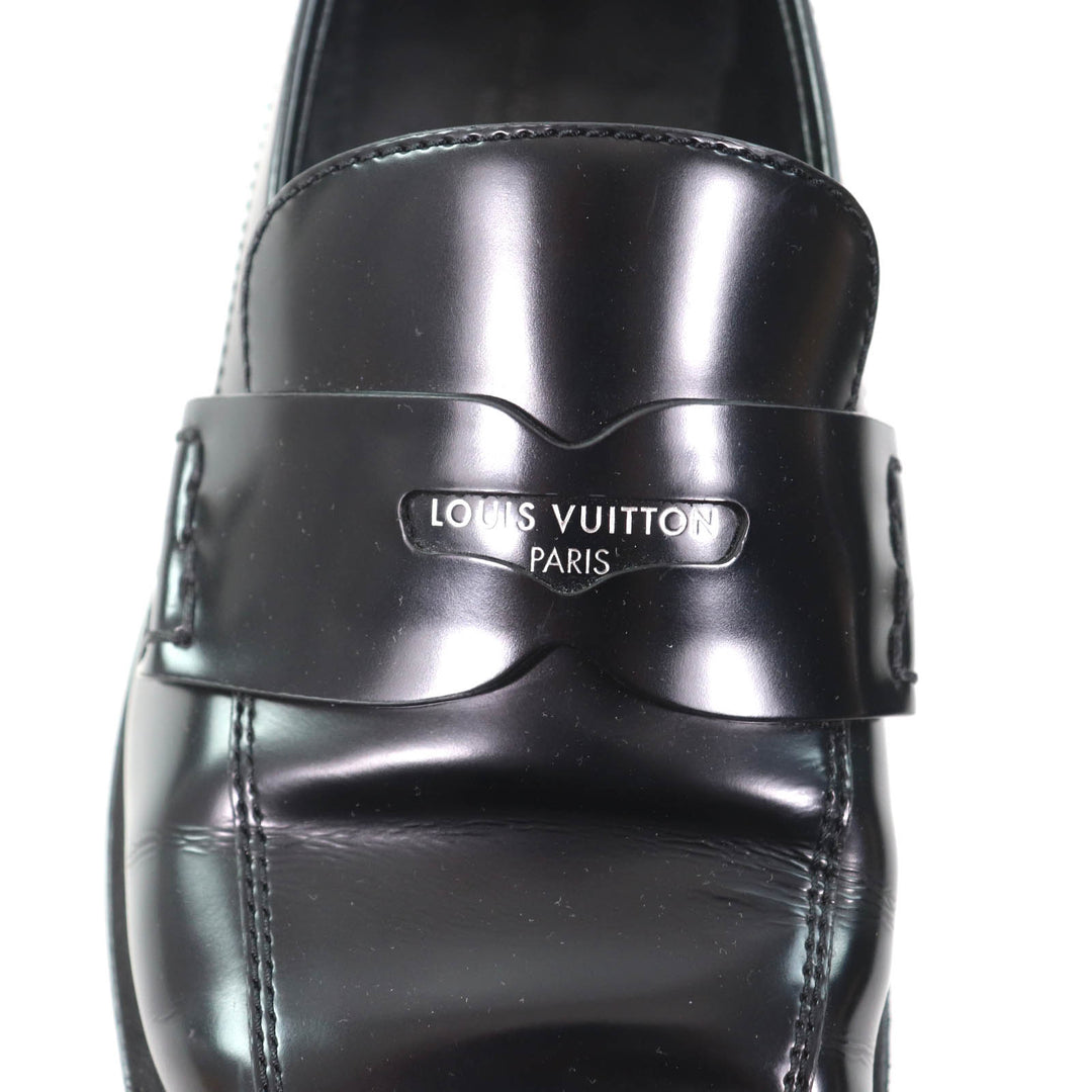 良品★LOUIS VUITTON ルイヴィトン コネリー・ライン ロゴ入り スクエアトゥ レザー コインローファー ブラック 35.5 箱・保存袋付き