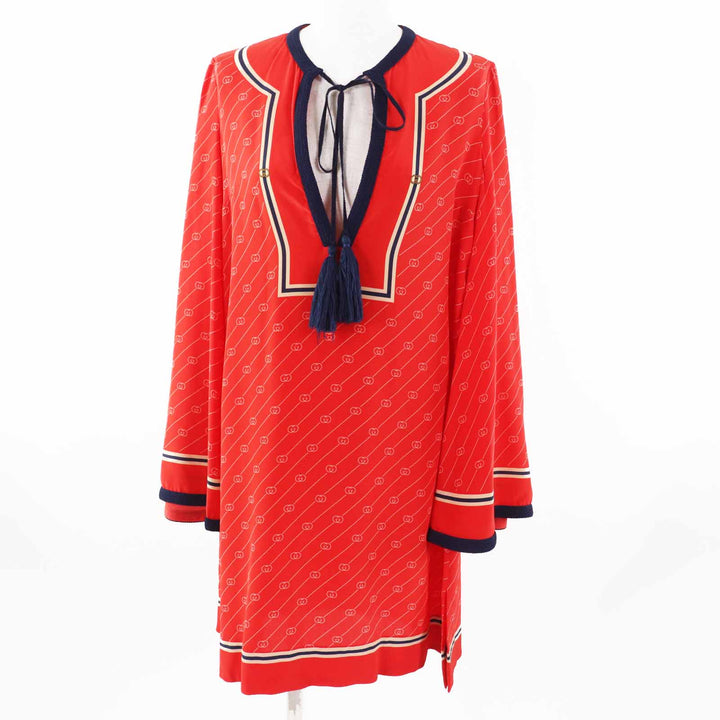 美品◎GUCCI グッチ 661958 シルク100％ GGダイアゴナル フリンジリボン付き フレアスリーブ チュニック ワンピース レッド 36 正規品
