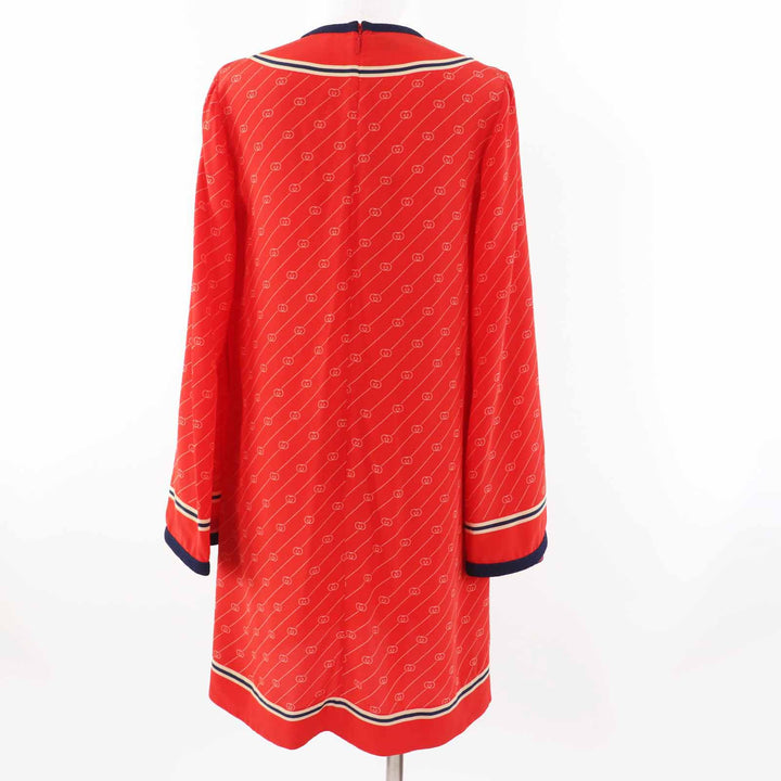 美品◎GUCCI グッチ 661958 シルク100％ GGダイアゴナル フリンジリボン付き フレアスリーブ チュニック ワンピース レッド 36 正規品