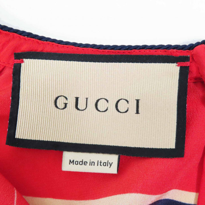 美品◎GUCCI グッチ 661958 シルク100％ GGダイアゴナル フリンジリボン付き フレアスリーブ チュニック ワンピース レッド 36 正規品