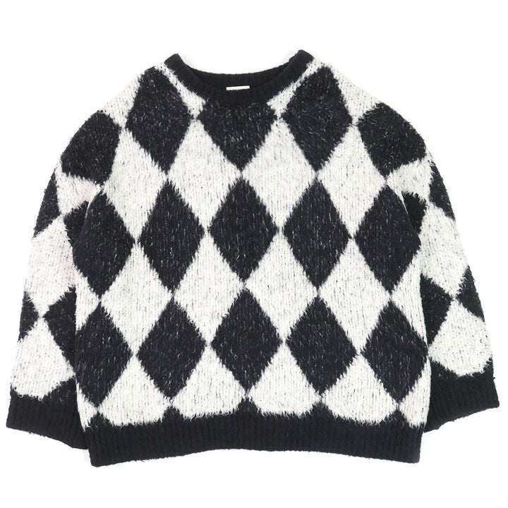 美品△CELINE セリーヌ 2AF46974T サーフスタイル アーガイル ボクシー クルーネック 長袖 ニット ブラック ホワイト系 S 伊製 正規品