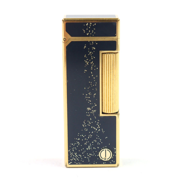 良品○Dunhill ダンヒル ロゴ金具付き ラッカー スクエア型 ローラー式 吹き流し 喫煙グッズ ガスライター ネイビー ゴールド 着火確認済