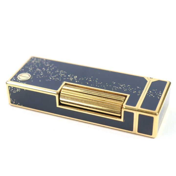 良品○Dunhill ダンヒル ロゴ金具付き ラッカー スクエア型 ローラー式 吹き流し 喫煙グッズ ガスライター ネイビー ゴールド 着火確認済