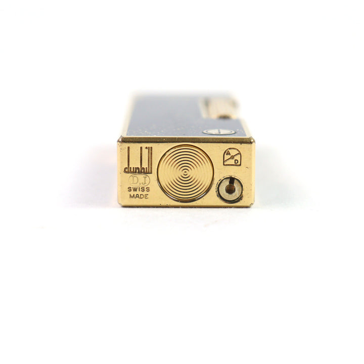 良品○Dunhill ダンヒル ロゴ金具付き ラッカー スクエア型 ローラー式 吹き流し 喫煙グッズ ガスライター ネイビー ゴールド 着火確認済