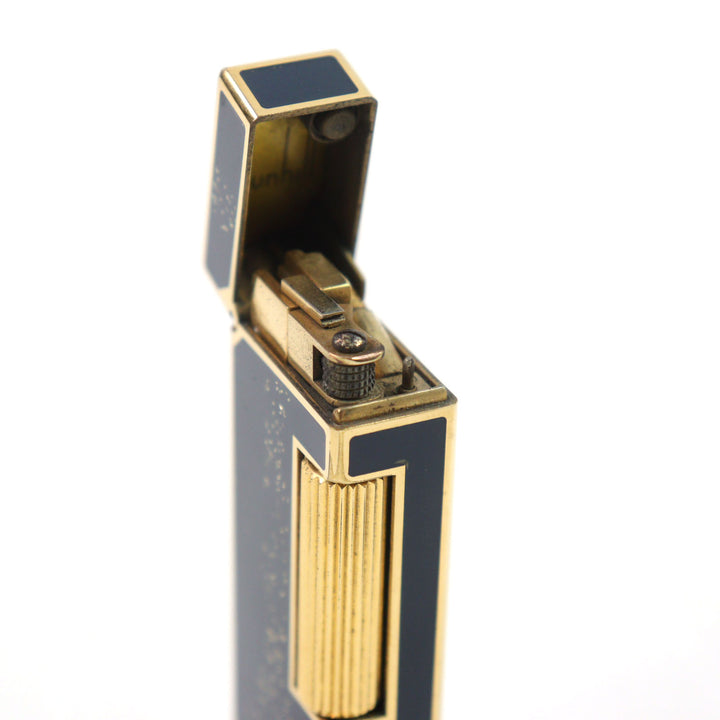 良品○Dunhill ダンヒル ロゴ金具付き ラッカー スクエア型 ローラー式 吹き流し 喫煙グッズ ガスライター ネイビー ゴールド 着火確認済