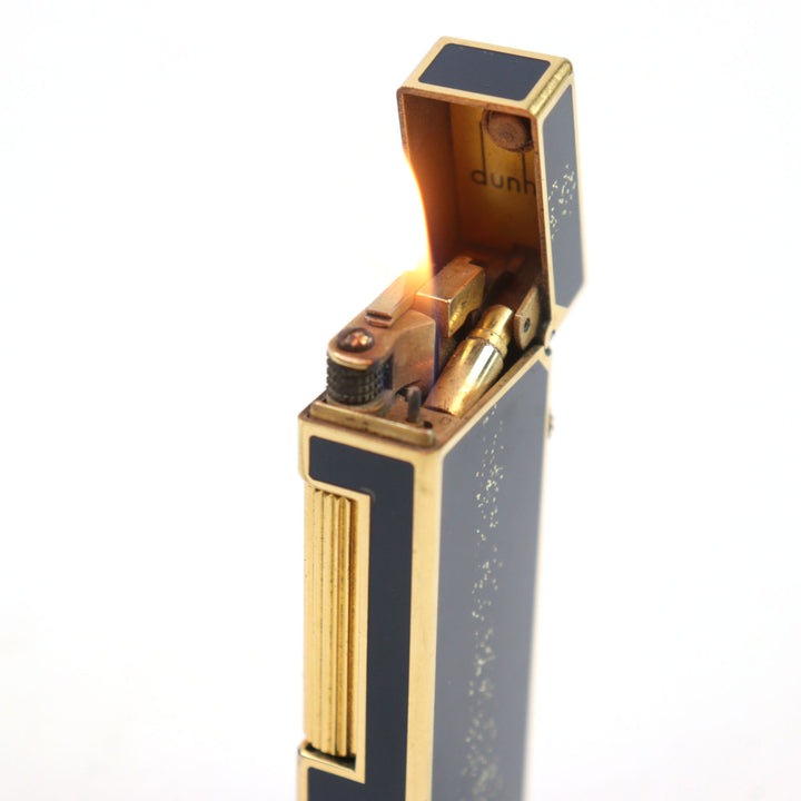 良品○Dunhill ダンヒル ロゴ金具付き ラッカー スクエア型 ローラー式 吹き流し 喫煙グッズ ガスライター ネイビー ゴールド 着火確認済