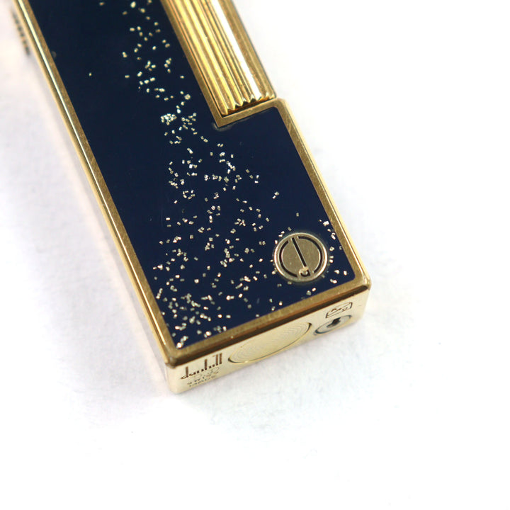 良品○Dunhill ダンヒル ロゴ金具付き ラッカー スクエア型 ローラー式 吹き流し 喫煙グッズ ガスライター ネイビー ゴールド 着火確認済