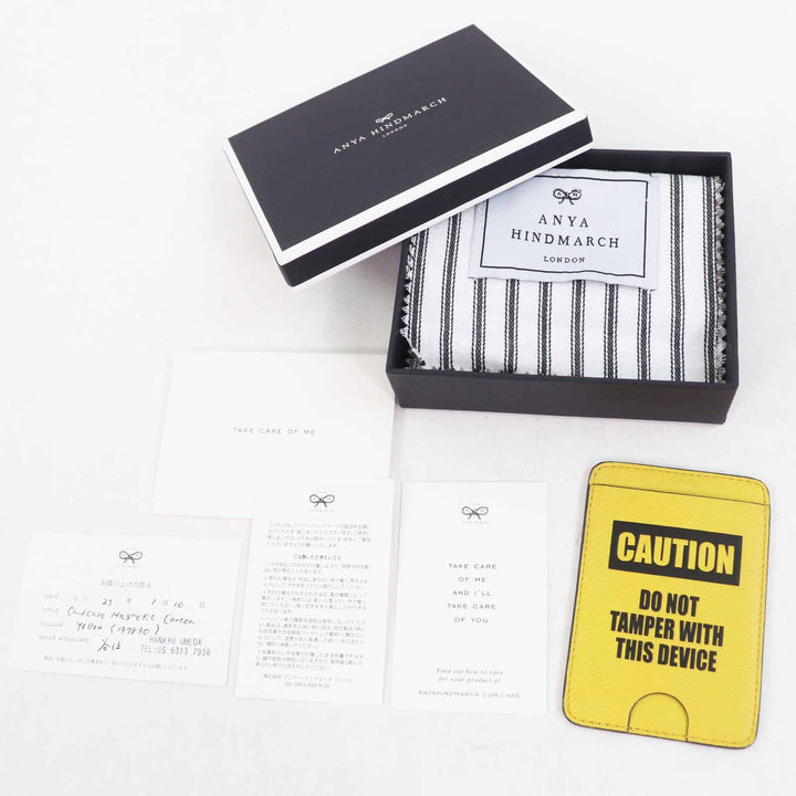 未使用品◎ANYA HINDMARCH アニヤ ハインドマーチ Caution Magnetic Caution・AHロゴ マグネット レザーカードケース イエロー 定25300円