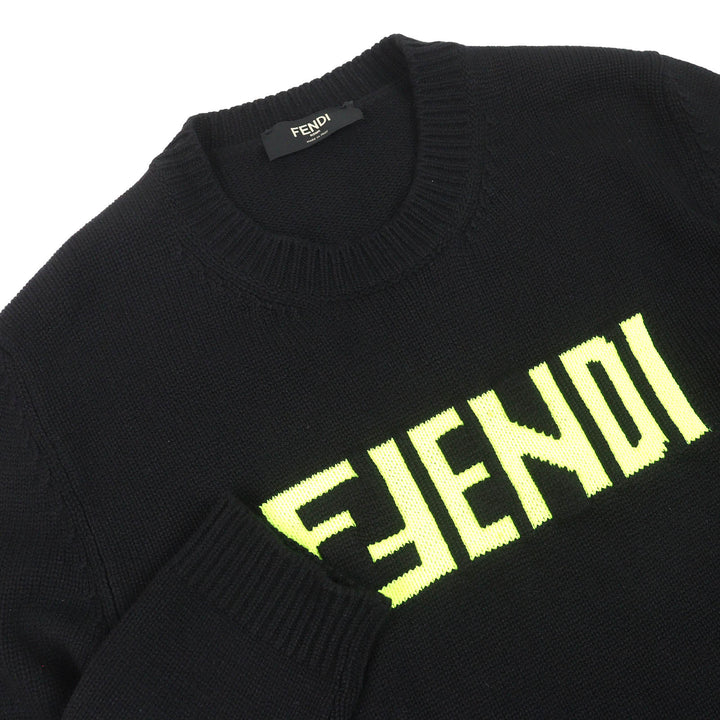 美品△FENDI フェンディ FZZ469 カシミヤ100％ フロントロゴ クルーネック 長袖 ニット セーター ブラック 54 イタリア製 正規品 メンズ