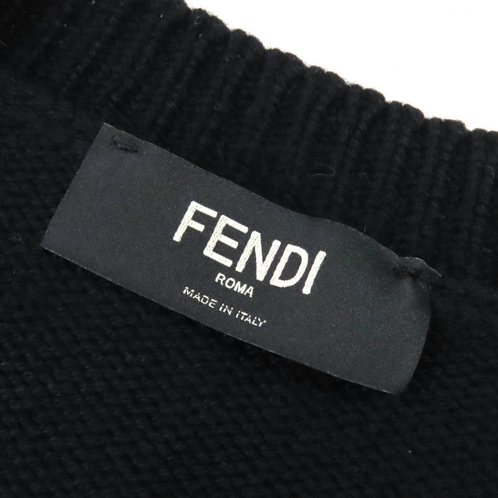 美品△FENDI フェンディ FZZ469 カシミヤ100％ フロントロゴ クルーネック 長袖 ニット セーター ブラック 54 イタリア製 正規品 メンズ