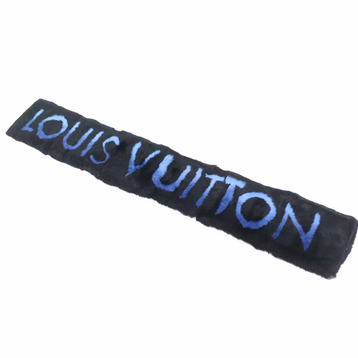 極美品◎LOUIS VUITTON ルイヴィトン M70928 エシャルプ LVネオン ラビット 裏カシミヤ混 マフラー ブラック ブルー イタリア製 正規品