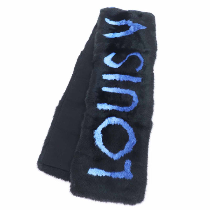 極美品◎LOUIS VUITTON ルイヴィトン M70928 エシャルプ LVネオン ラビット 裏カシミヤ混 マフラー ブラック ブルー イタリア製 正規品